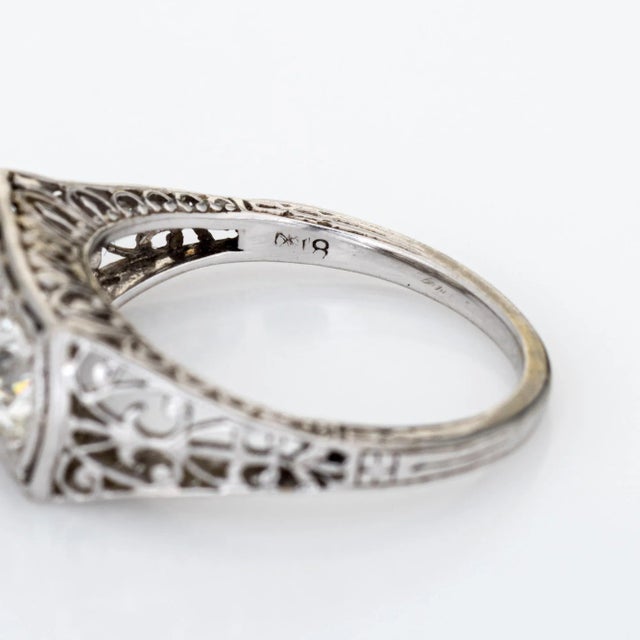 Metal Vintage Art Deco Ring 1.25ct Double Diamond 18k White Gold Filigree Sz 6 Jewellery For Sale - Image 7 of 7