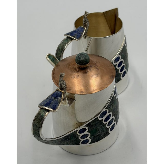 1970s Wolmar Castillo "Peacock" Creamer, Sugar Pot & Ladle W/ Malachite & Lapis Inlay For Sale - Image 10 of 18
