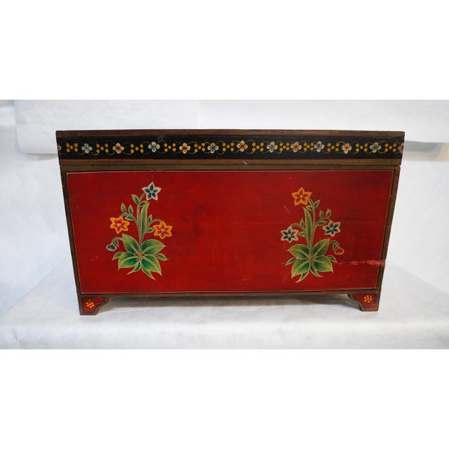 Traditional Folk Red Painted Chest With Floral Motifs For Sale - Image 3 of 17
