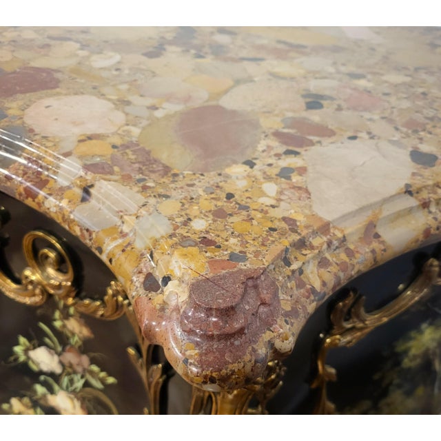 Vintage Louis XV Style Black Lacquered & Painted Marble Top Bronze Mounted Commode For Sale In New York - Image 6 of 18