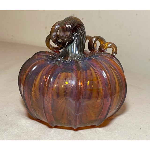 Glass Share Pair of Vintage Hand Blown Studio Glass Iridescent Orange Pumpkin Sculpture For Sale - Image 7 of 11