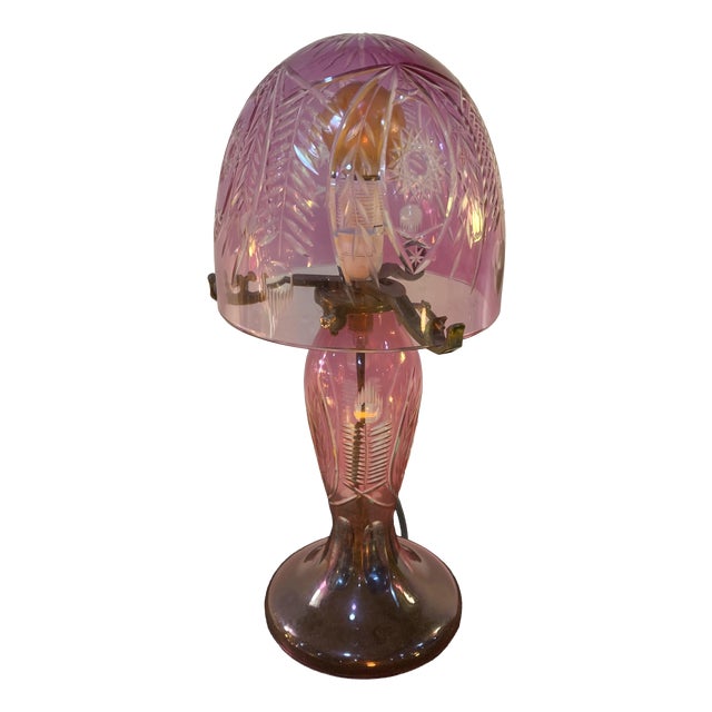 Vintage Bohemian Cranberry Mushroom Table Lamp, 1930s For Sale