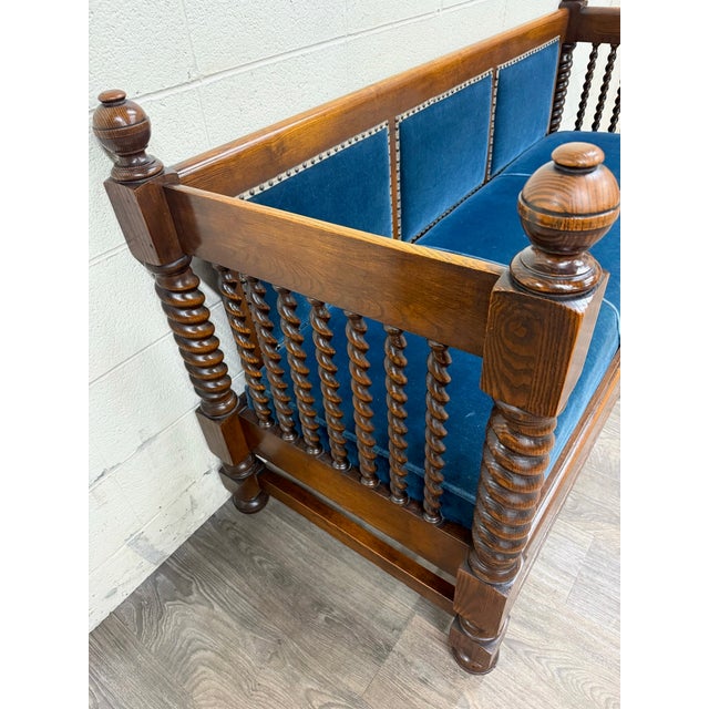 Blue Antique Jacobean Revival Blue Velvet Upholstered Oak Hall Settee Daybed Bench For Sale - Image 8 of 18