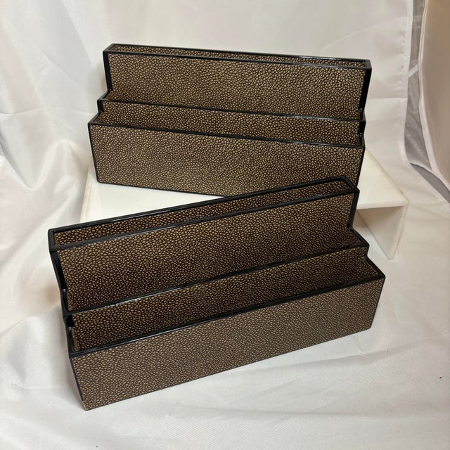 Mid-Century Modern Vintage Dransfield & Ross Mid-Century Modern Faux Shagreen Leather Letter Holder Set in Brown, Circa 2000’s For Sale - Image 3 of 10