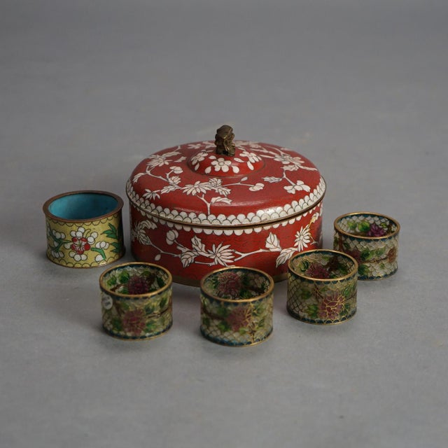Antique Chinese Cloisonne Enameled Items - Three Boxes & Five Napkin Rings, Circa 1920 For Sale - Image 6 of 9