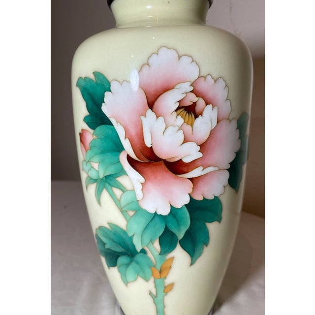 1960s Vintage Signed Japanese Handmade Yellow Enamel Silver Floral Cloisonné Vase Urn For Sale - Image 5 of 12