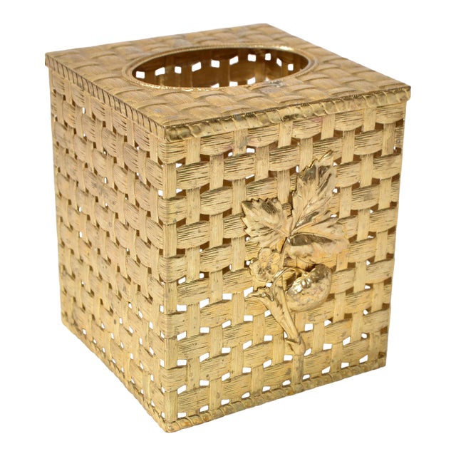 1980s Hollywood Regency Handwoven Gold Lattice Metal Tissue Box Cover For Sale