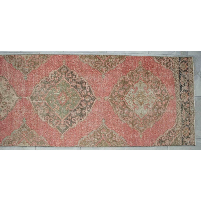 Distressed Oushak Runner Rug Faded Colors Low Pile Pink Hallway Decor - 2'9″x 12'3″ For Sale - Image 10 of 13
