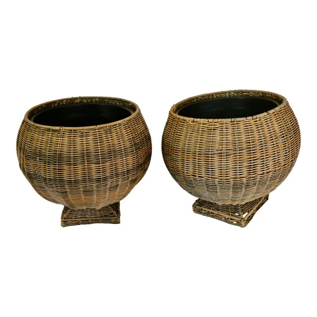 Wicker Resin Urn Planters Indoor or Outdoor - A Pair For Sale