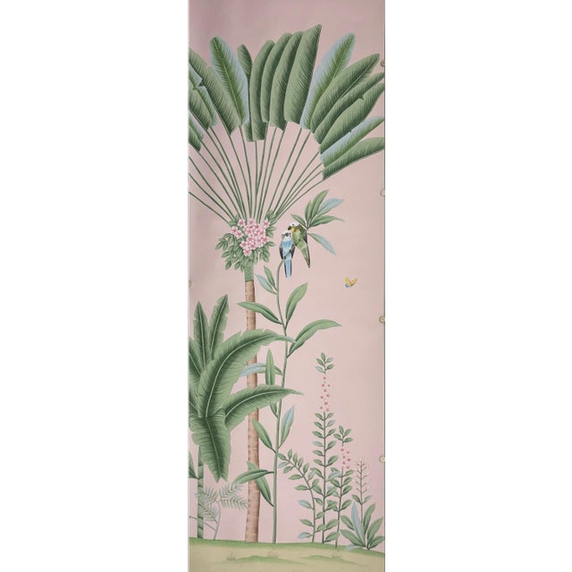 Exquisitely hand-painted single chinoiserie mural panel with soft blush pink background, decorated with elegant tropical...