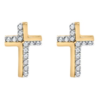 14K Yellow Gold Plated .925 Sterling Silver 1/10 Cttw Diamond Cross Stud Earring (I-J Color, I3 Clarity) For Sale