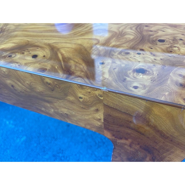 70s/80s Burl Wood Console Table With U-Leg Base, in the Style of Milo Baughman, Vintage, Postmodern, Mid Century Modern MCM For Sale - Image 10 of 12