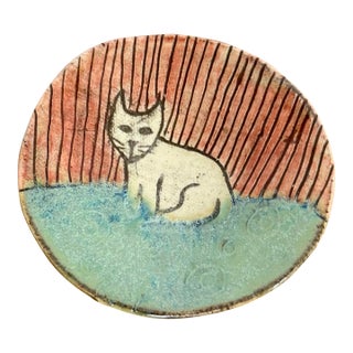 Small Handcrafted Folk Art Pottery Cat Plate For Sale