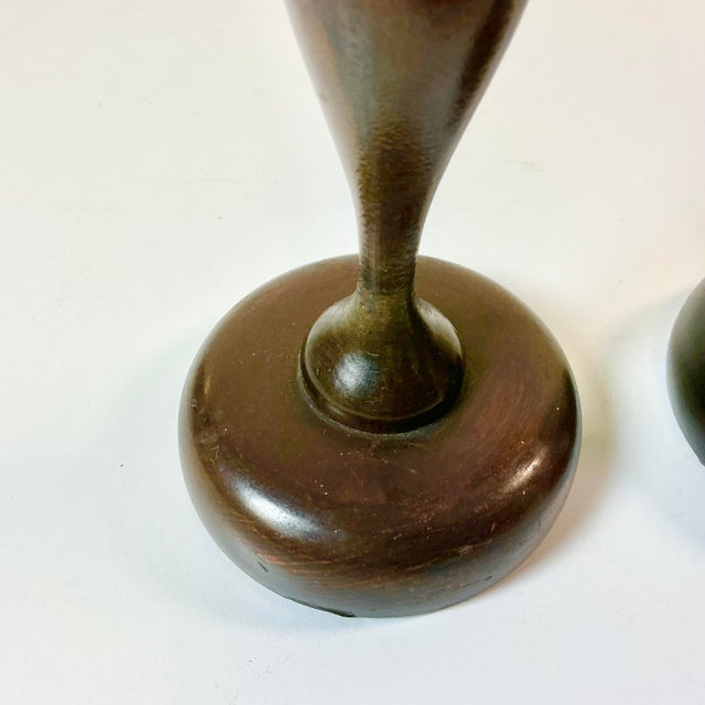 Early 20th C. Antique Federal Farmhouse Americana Hand Turned Walnut Candle Holders - A Pair For Sale - Image 11 of 11
