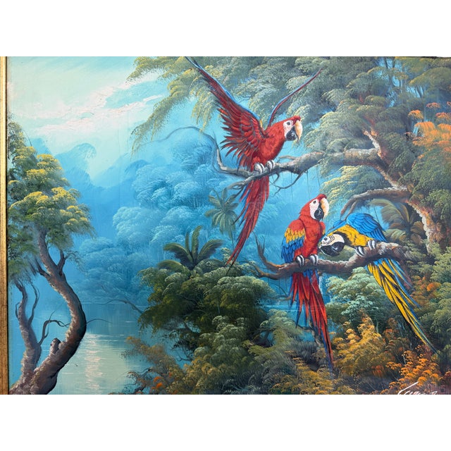 Vintage Tropical Parrot Oil Painting Signed 1996, Colorful Macaws Jungle Scene For Sale - Image 12 of 13