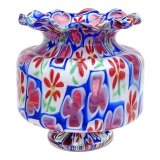 Murano Fratelli Toso Vintage Millefiori Daisy Clover Mosaic Italian Art Glass Ruffle Rim Flower Vase For Sale