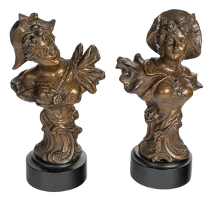 Art Nouveau Sculptures in Regule with Wooden Base, 1900, Set of 2