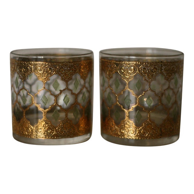 1970s Culver Valencia Green Diamonds & 22-Karats Gold Rocks Glasses - a ...