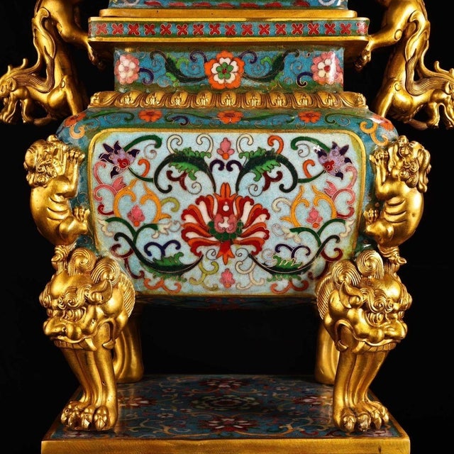 Late 20th Century Pair of Gilt Bronze Cloisonné Enamel Incense Burners With Stands For Sale In Los Angeles - Image 6 of 10