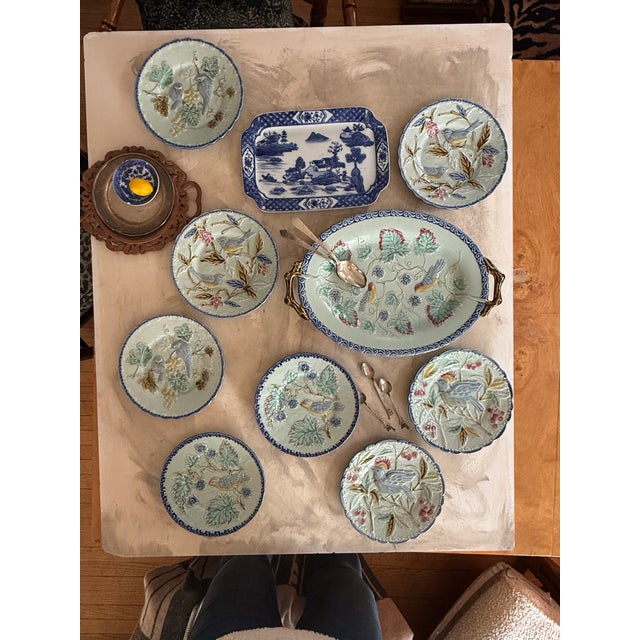 English Pottery Barn Blue Majolica Bird Plates Set - Set of 9 For Sale - Image 3 of 12