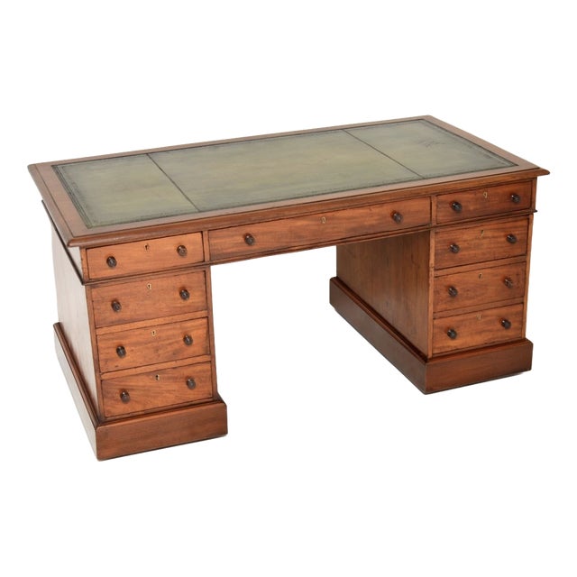 Antique Victorian Pedestal Desk in Walnut with Leather Top, 1860s For Sale