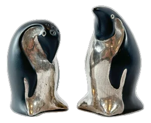 Vintage Emilia Castillo Porcelain and Sterling Penquin Salt and Pepper Shakers - A Pair