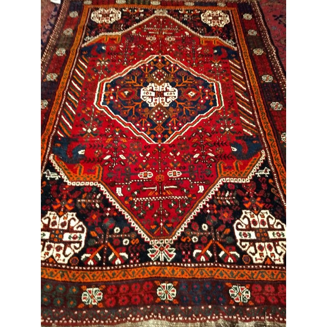 Vintage Persian Qashqai Tribal Area Rug, Hand-Knotted Wool, Vegetable Dye, Geometric Medallions, 6x8, Red & Navy For Sale - Image 11 of 15