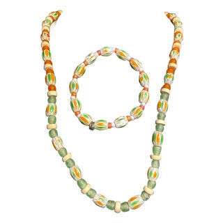 Antique Venetian Chevron Trade Bead Necklace and Bracelet Jewelry Set With Frosted Glass Spacers, 2 Pieces For Sale
