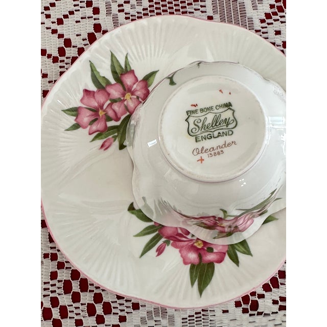 English 1950s Shelley Pink Oleander Tea Cup & Saucer: Dainty English Bone China Teacup For Sale - Image 3 of 6