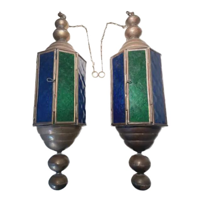 1940s Vintage Stained Glass and Brass Church Pendant Light Fixtures a Pair For Sale