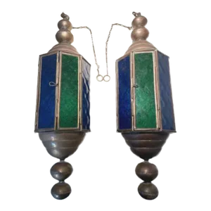 1940s Vintage Stained Glass and Brass Church Pendant Light Fixtures a Pair