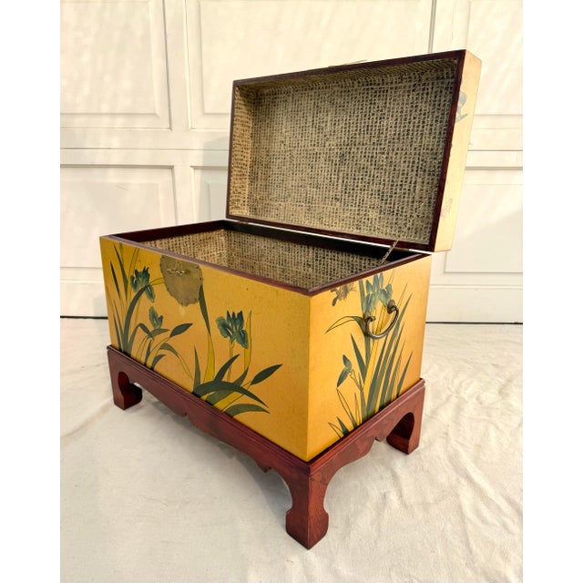 Wood Japanese Lacquered Chest Trunk on Stand With Floral and Butterfly Motifs For Sale - Image 7 of 12