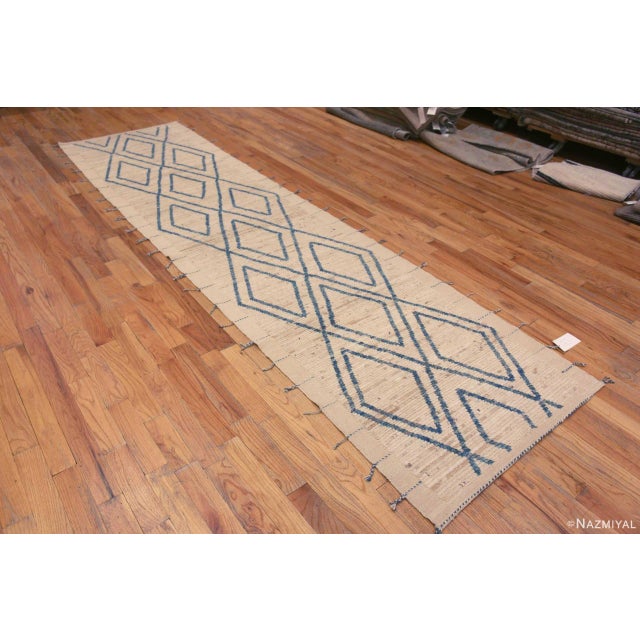 Light Ivory Cream Background With Light Blue Geometric Pattern Modern Hallway Runner Rug, Country Of Origin: Central Asia,...