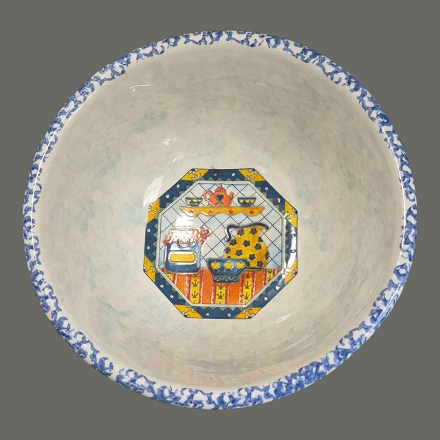 Contemporary Vintage Large Italian Ceramic Pasta Bread Dough Bowl Blue Spongeware Rim For Sale - Image 3 of 11