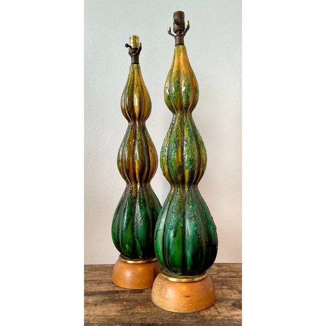 Forest Green Vintage MCM Drip Glaze Ceramic Lamps - A Pair For Sale - Image 8 of 12