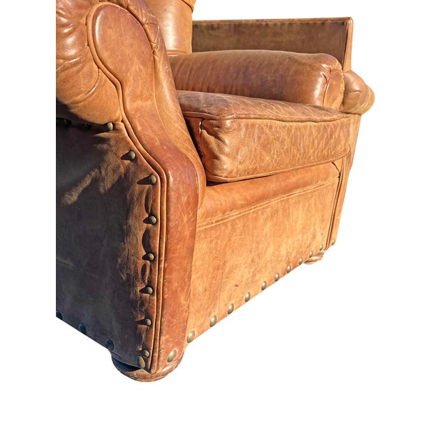 Restoration Hardware Leather Tufted Chair Seating Chesterfield Style With Brass Nail Heads For Sale - Image 9 of 12