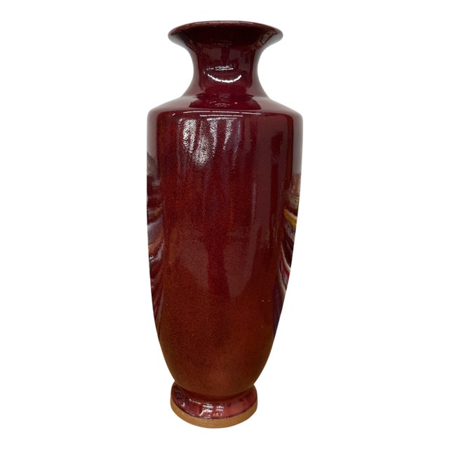 Deep Red Glazed Ceramic Vase with Tall Flared Form For Sale
