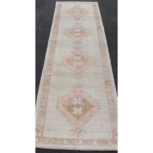 Turkish Oushak Runner With Soft Ivory Field and Peach Geometric Medallions For Sale - Image 10 of 12