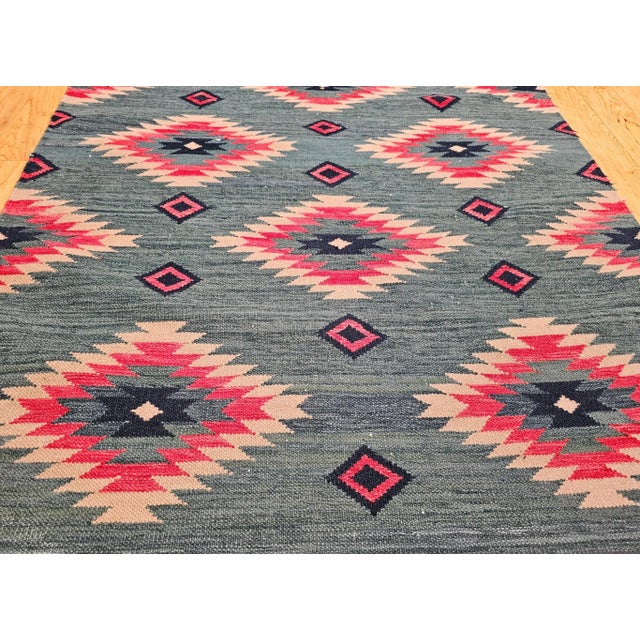 Blue Vintage Handwoven Kilim Rug, Wool & Cotton, Southwestern Style For Sale - Image 8 of 12