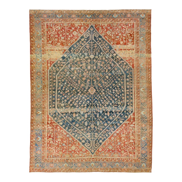 Allover 1920s Antique Persian Bakhtiari Wool Rug in Blue & Red-Rust Color For Sale