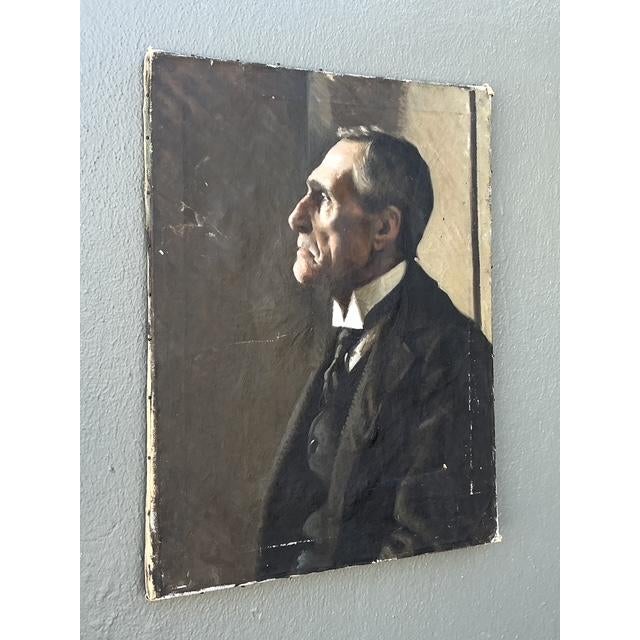 This compelling early 20th-century oil portrait captures the dignified profile of a gentleman with remarkable...