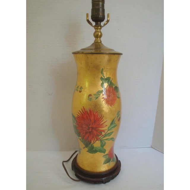 Mid 20th Century Mid 20th Century Reverse Decoupage Hurricane Glass Lamp Dahlia Flowers on Goldleaf For Sale - Image 5 of 7