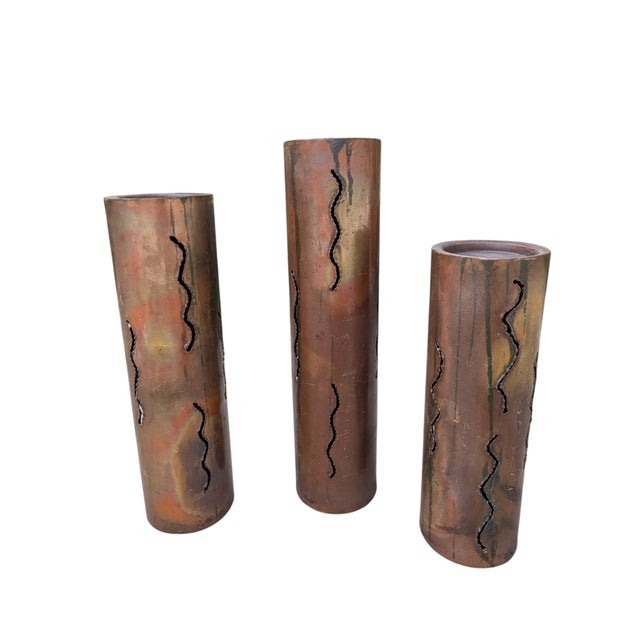 1960s 1960s Brutalist Torched Cut Copper Metal Pillar Candle Holders-Set of 3 For Sale - Image 5 of 12