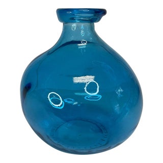 Vintage Boho Chic Folk Art Portuguese Hand Crafted Turquoise Glass Bulb Vase For Sale
