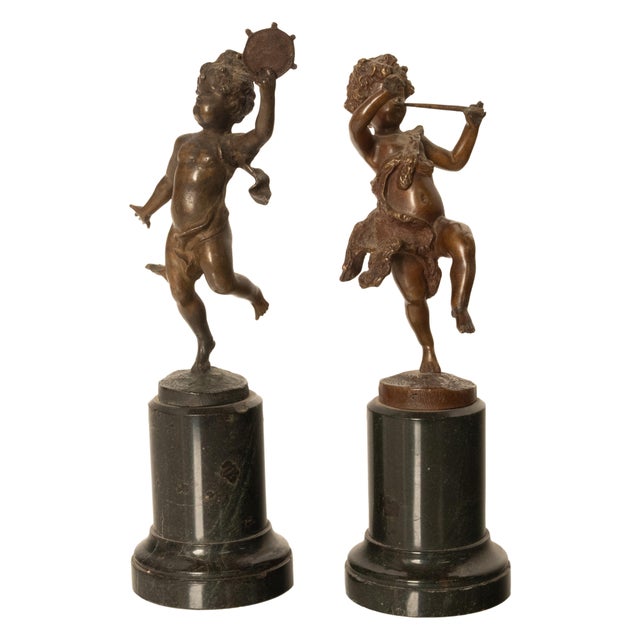 Bronze Pair Antique French Bronze Marble Putti Dancing Musicians Statues Sculpture 1860 For Sale - Image 8 of 13