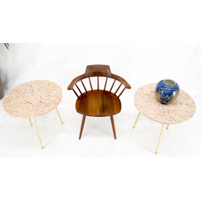 Metal Pair Round Rouge Marble Top Tri Legged Brass Base Mid-Century Modern End Tables For Sale - Image 7 of 15