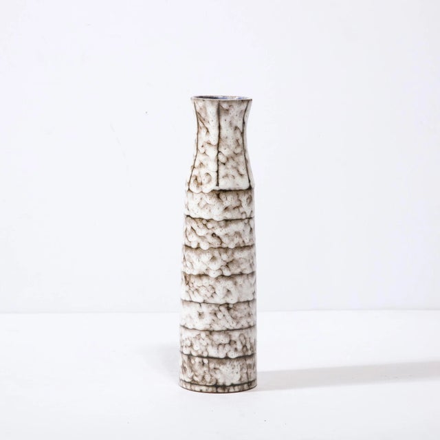 Mid-Century Modern Mid-Century Modernist White and Earth Toned Ceramic Vase With Banded Detailing For Sale - Image 3 of 13
