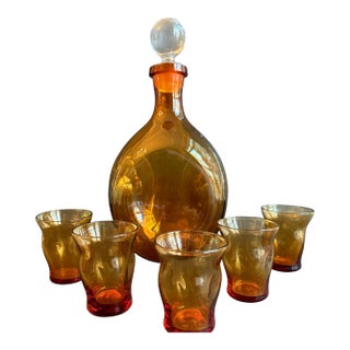1970s Amber Hand Blown Glass Decanter With 5 Shot Glasses For Sale