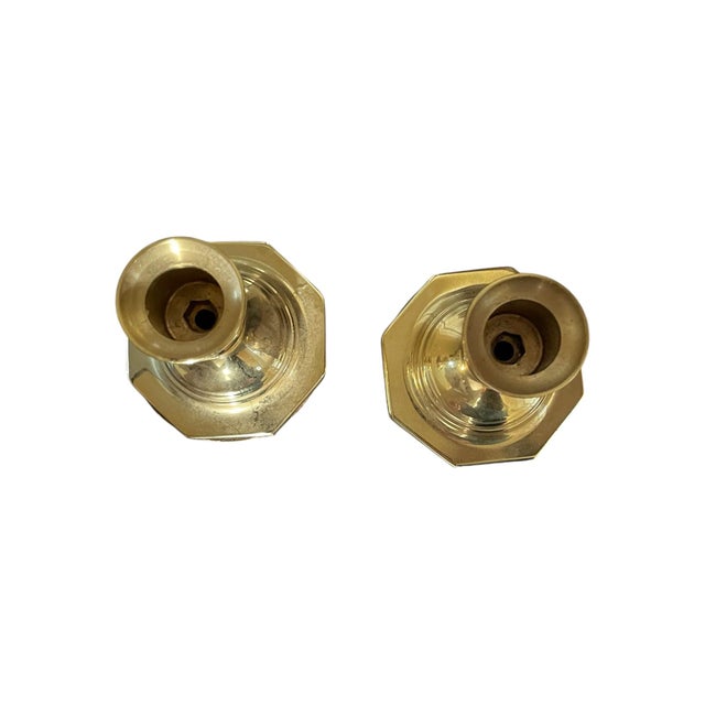 2 Vintage Midcentury Baldwin Polished Brass Candlesticks/Holders Octagon Base 3.5" For Sale - Image 4 of 5