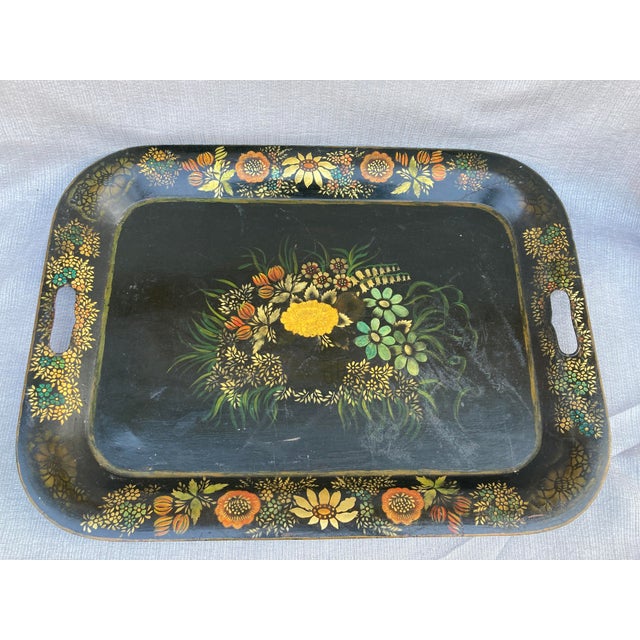 Early 20th Century Antique Hand Painted Tole Serving Tray For Sale - Image 5 of 12